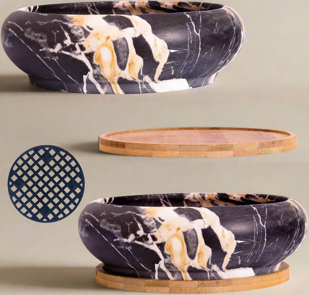 7.3 Inch Black Ceramic Pot with Drainage - Bamboo Tray