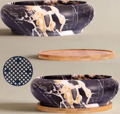 7.3 Inch Black Ceramic Pot with Drainage - Bamboo Tray