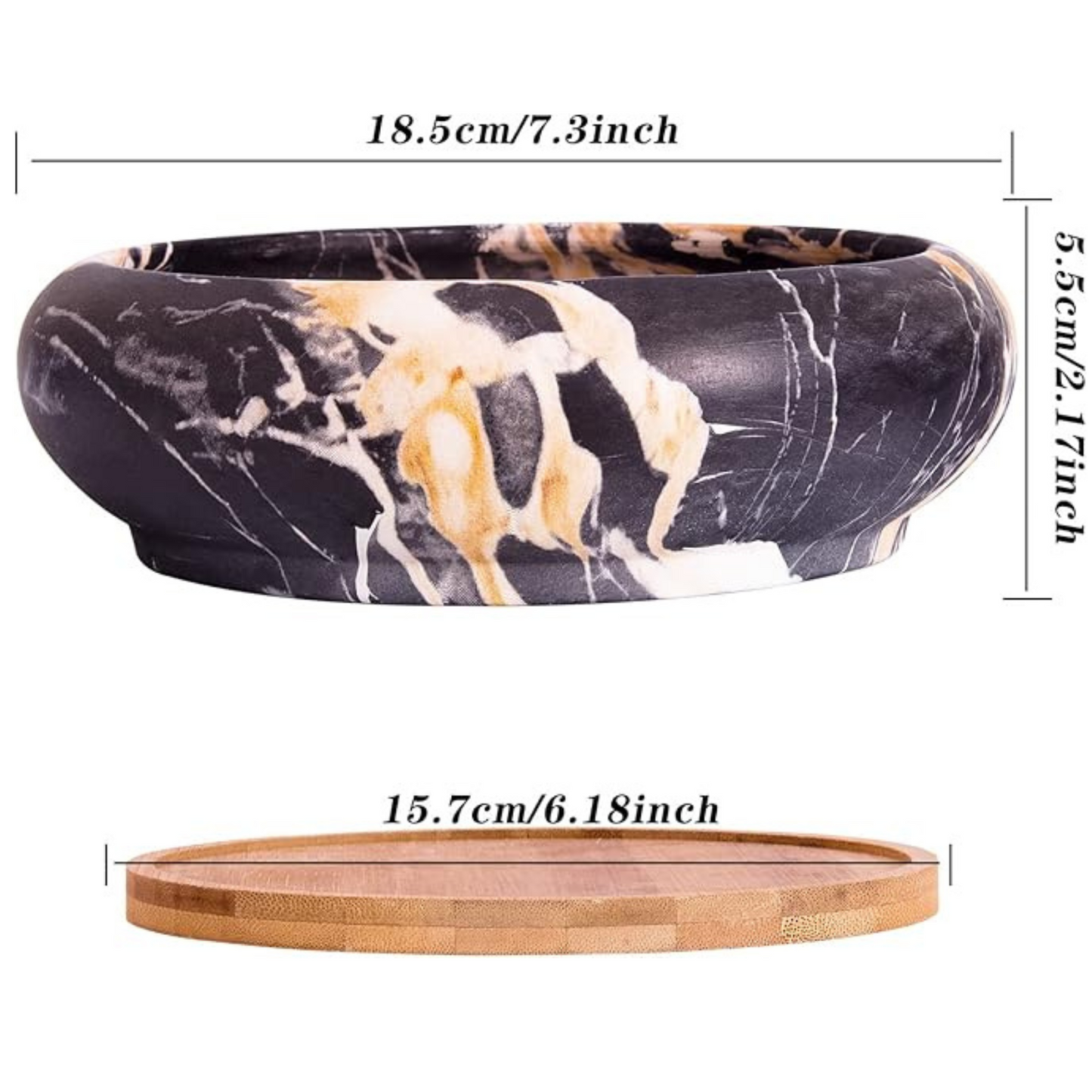 Black Ceramic Pot with Drainage + Bamboo Tray- 7.3 Inch