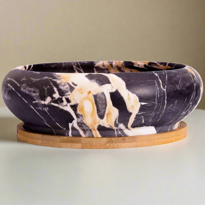 Black Ceramic Pot with Drainage + Bamboo Tray- 7.3 Inch