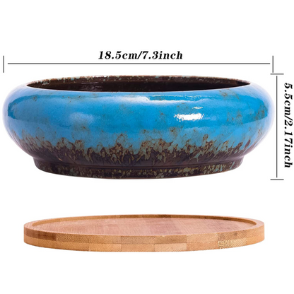 Blue Ceramic Pot with Drainage + Bamboo Tray - 7.3 Inch