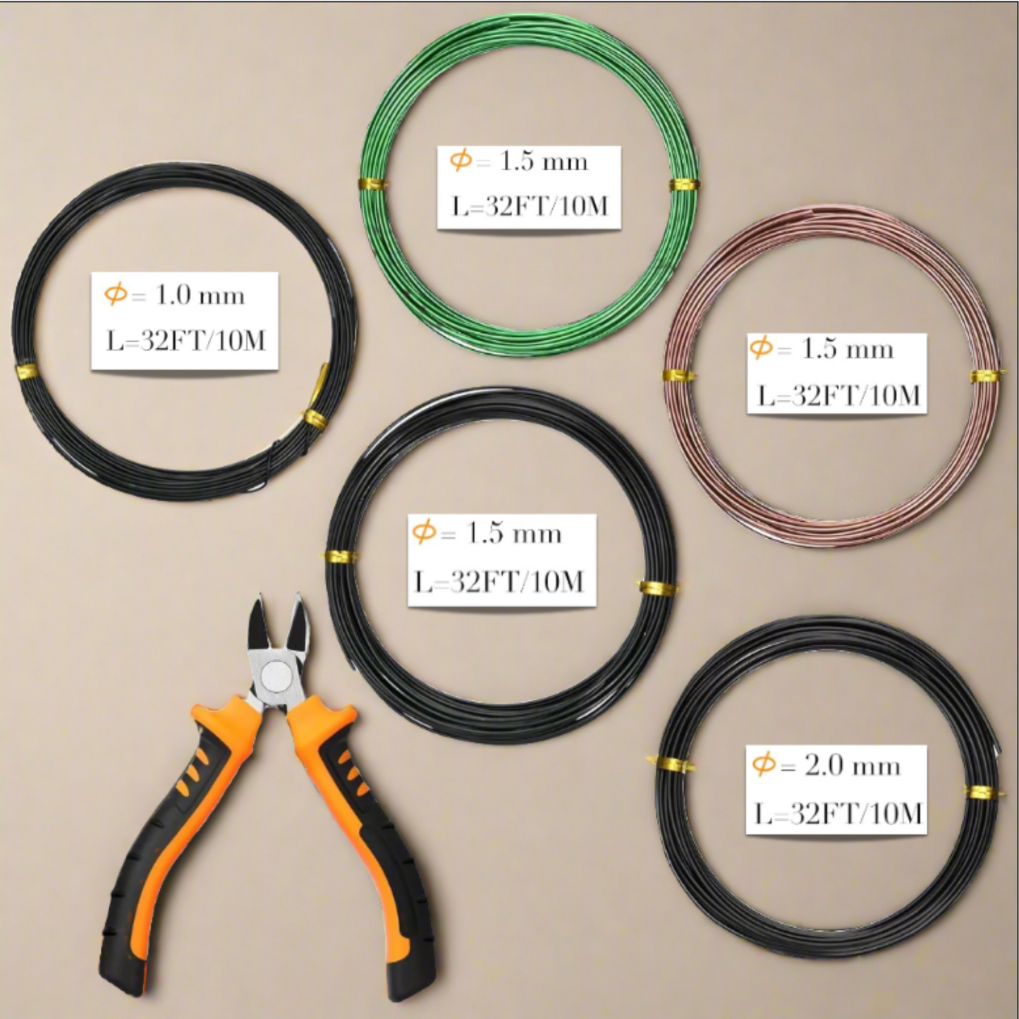 Training Wire & Cutter Set - 5 Roll Anodized Aluminum - 160 Feet Total - 1/1.5/2.0 Mm