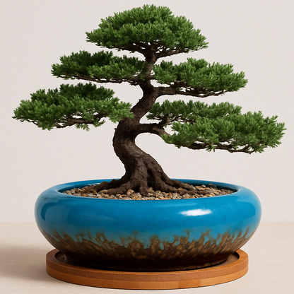 Blue Ceramic Pot with Drainage + Bamboo Tray - 7.3 Inch