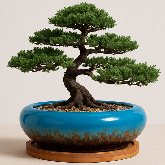 Blue Ceramic Pot with Drainage + Bamboo Tray- 7.3 Inch